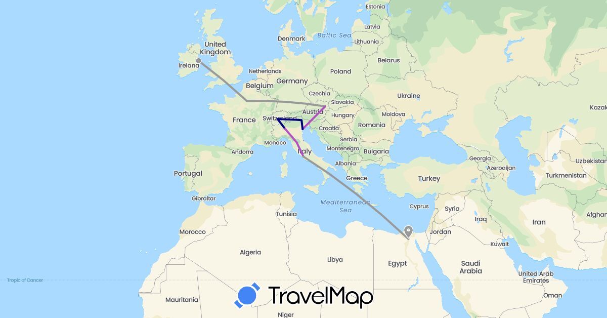 TravelMap itinerary: driving, plane, train in Austria, Switzerland, Egypt, France, Ireland, Italy (Africa, Europe)