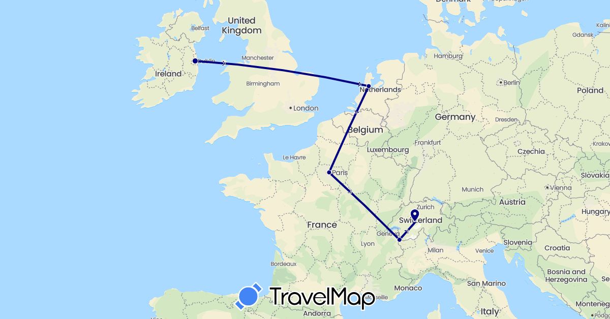 TravelMap itinerary: driving in Switzerland, France, Ireland, Netherlands (Europe)